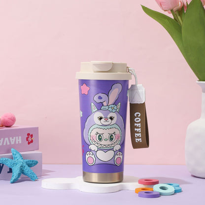 Cute purple bunny cartoon stainless steel insulated coffee mug 400ml with strap, portable travel thermos cup.