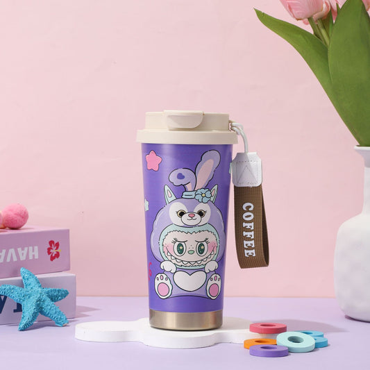 Cute purple bunny cartoon stainless steel insulated coffee mug 400ml with strap, portable travel thermos cup.