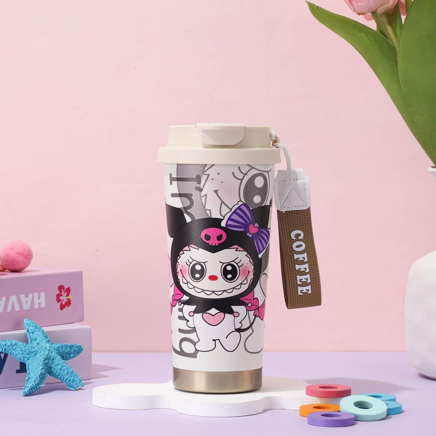 Adorable devil cartoon insulated coffee mug 400ml, black and white stainless steel thermos cup with strap.