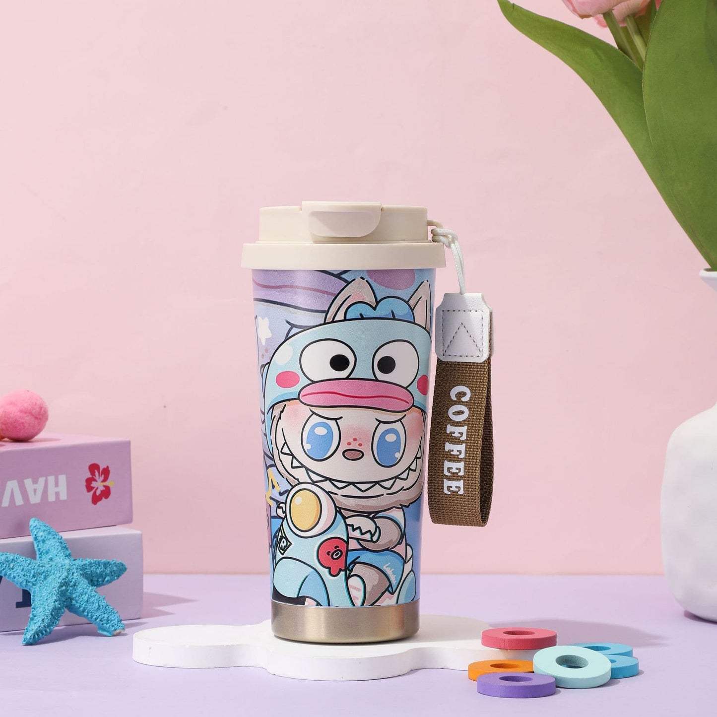 Cute blue duck cartoon stainless steel insulated coffee mug 400ml with strap, portable travel cup for coffee and tea.