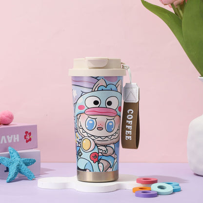 Cute blue duck cartoon stainless steel insulated coffee mug 400ml with strap, portable travel cup for coffee and tea.