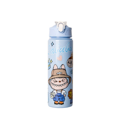 LABUBU 750ml Blue Cartoon Water Bottle with Farmer Design – Cute Leak-Proof Straw Bottle for Kids and Adults, BPA-Free, Portable Drinking Cup