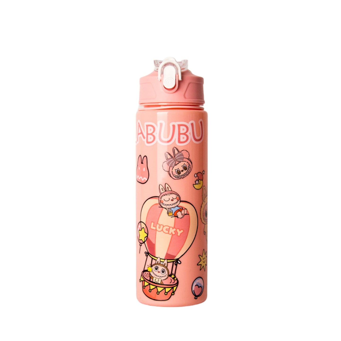 LABUBU 750ml Pink Cartoon Water Bottle with Hot Air Balloon Design – Cute Leak-Proof Straw Bottle for Kids and Adults, BPA-Free, Portable Drinking Cup