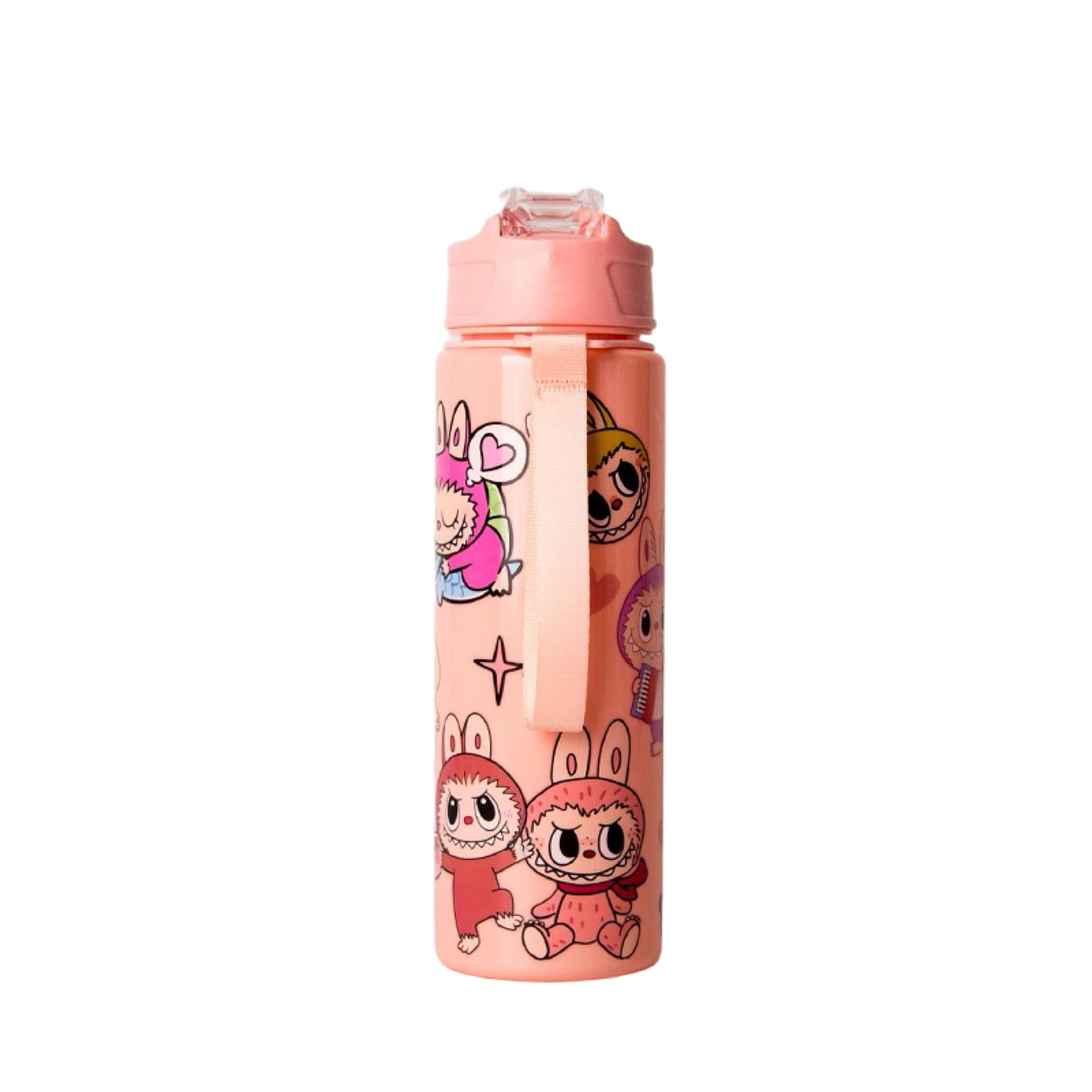 LABUBU 750ml Pink Cartoon Water Bottle with Handle – Cute Character Design, Leak-Proof Straw Bottle for Kids and Adults, BPA-Free, Portable Drinking Cup for School and Outdoor Activities