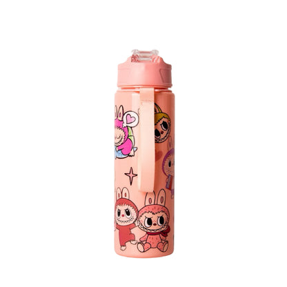 LABUBU 750ml Pink Cartoon Water Bottle with Handle – Cute Character Design, Leak-Proof Straw Bottle for Kids and Adults, BPA-Free, Portable Drinking Cup for School and Outdoor Activities