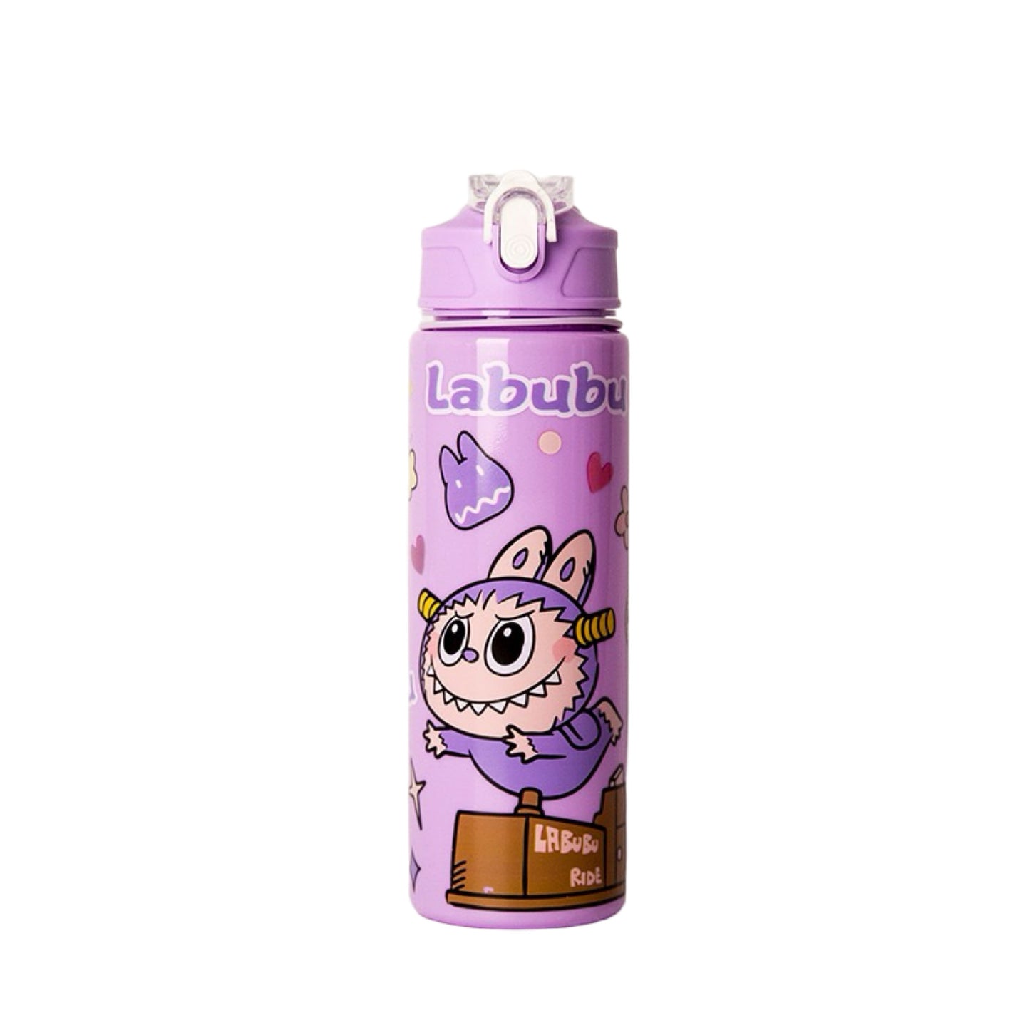 LABUBU 750ml Purple Cartoon Water Bottle with Jumping Character Design – Cute Leak-Proof Straw Bottle for Kids and Adults, BPA-Free, Portable Drinking Cup