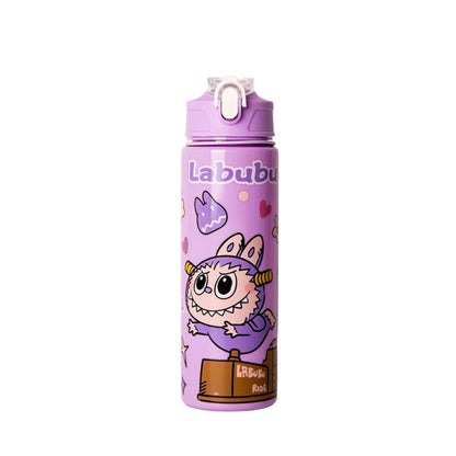 LABUBU 750ml Purple Cartoon Water Bottle with Jumping Character Design – Cute Leak-Proof Straw Bottle for Kids and Adults, BPA-Free, Portable Drinking Cup