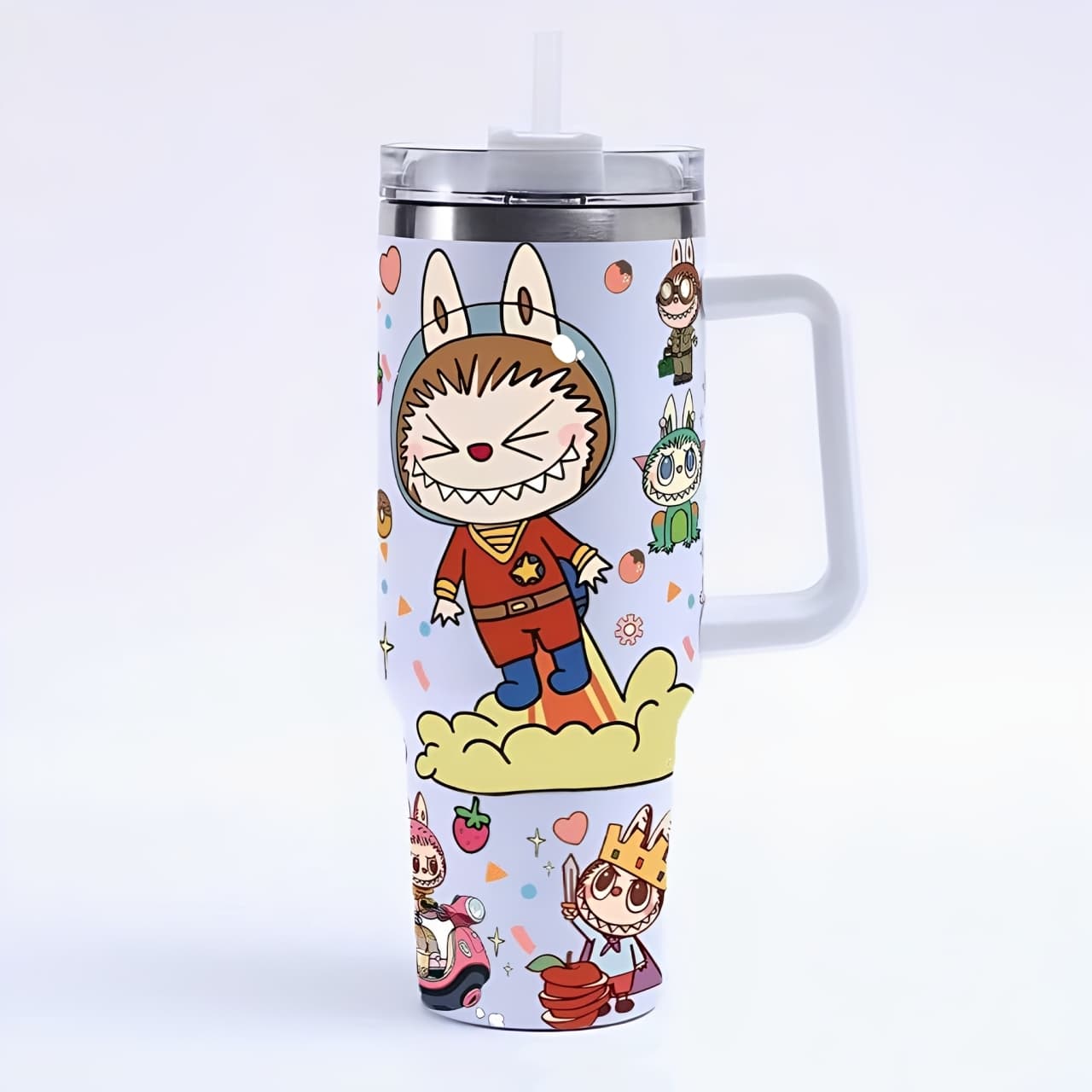 Labubu astronaut cartoon large capacity handle straw water bottle with space theme design, insulated stainless steel tumbler for hot and cold drinks, available at Zena Lash Apparel