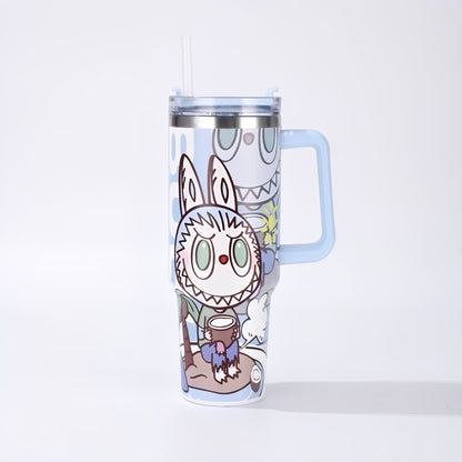 Labubu blue cartoon coconut drink design stainless steel insulated tumbler with handle and straw, cute animal-themed large capacity travel mug for hot and cold beverages, perfect for gifts and daily use