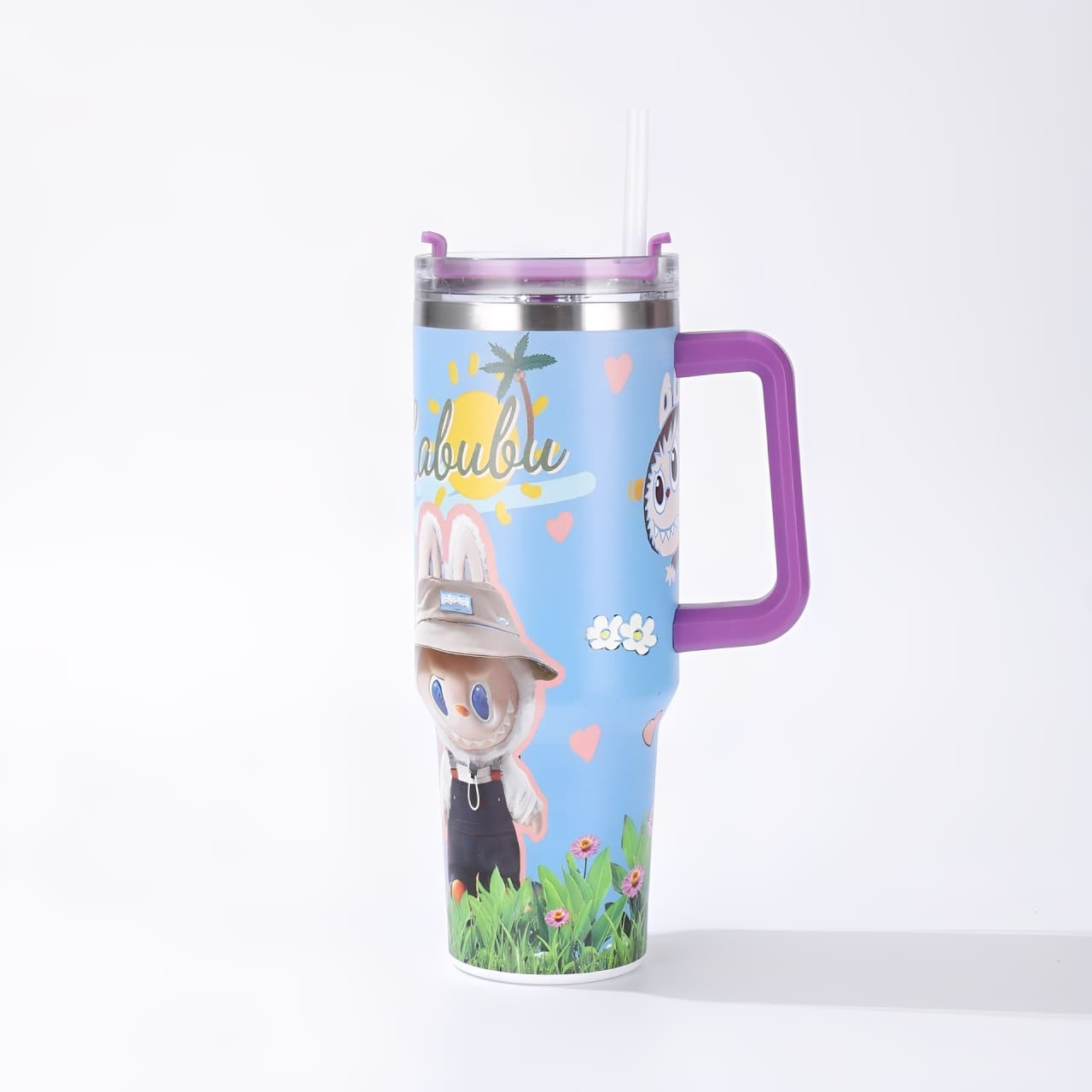 Labubu blue cartoon large capacity handle straw water bottle with farmer hat design and purple handle, insulated stainless steel tumbler for hot and cold drinks, available at Zena Lash Apparel