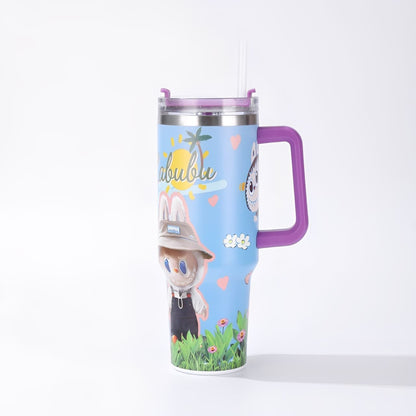 Labubu blue cartoon large capacity handle straw water bottle with farmer hat design and purple handle, insulated stainless steel tumbler for hot and cold drinks, available at Zena Lash Apparel