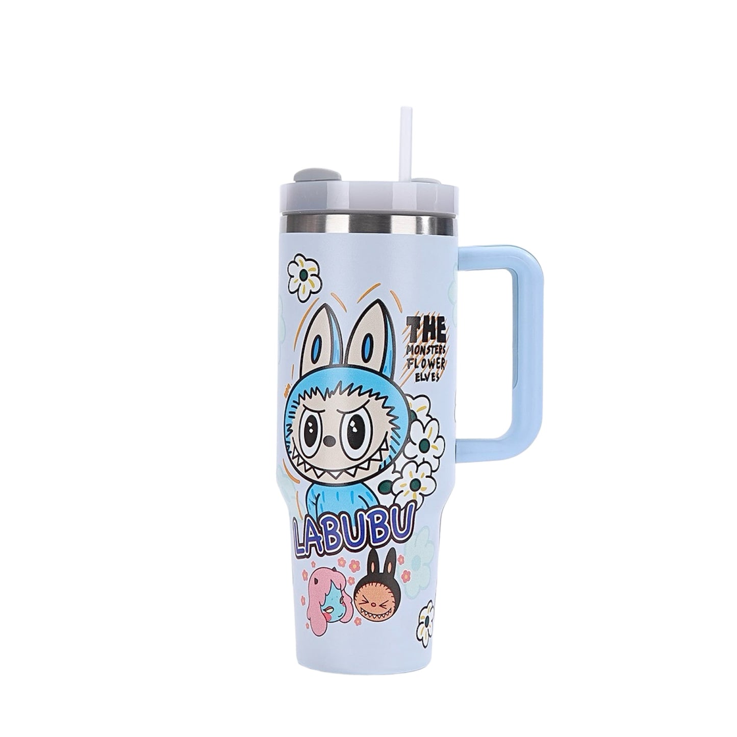 Labubu blue cartoon large capacity handle straw water bottle with flower elf design, insulated for hot and cold drinks, available at Zena Lash Apparel
