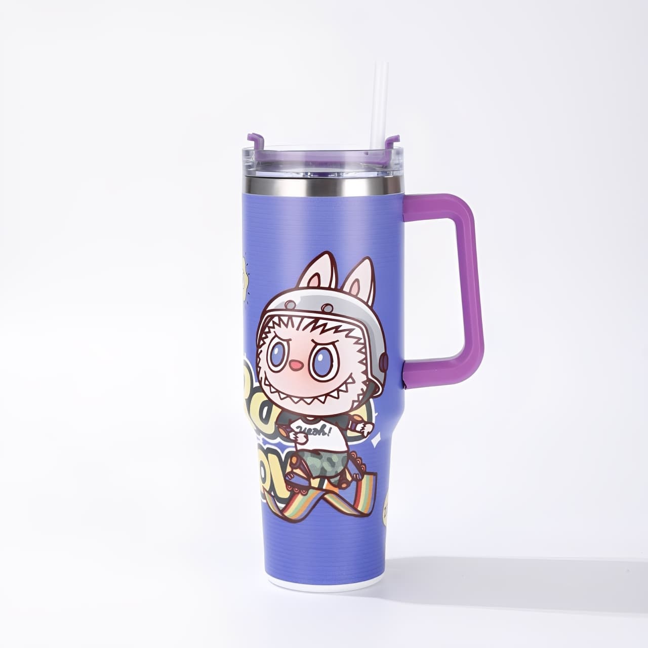 Labubu blue cartoon large capacity handle straw water bottle with skateboard design and purple handle, insulated stainless steel tumbler for hot and cold drinks, available at Zena Lash Apparel