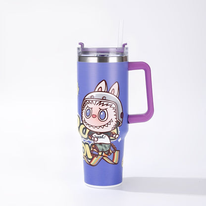 Labubu blue cartoon large capacity handle straw water bottle with skateboard design and purple handle, insulated stainless steel tumbler for hot and cold drinks, available at Zena Lash Apparel