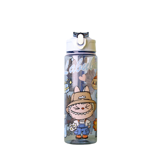 LABUBU blue cartoon sport water bottle with cute farmer character design, leak-proof flip lid, 650ml capacity, BPA-free reusable plastic bottle for kids and adults