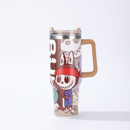 Labubu brown cartoon large capacity handle straw water bottle with red bandana design, insulated stainless steel tumbler for hot and cold drinks, available at Zena Lash Apparel
