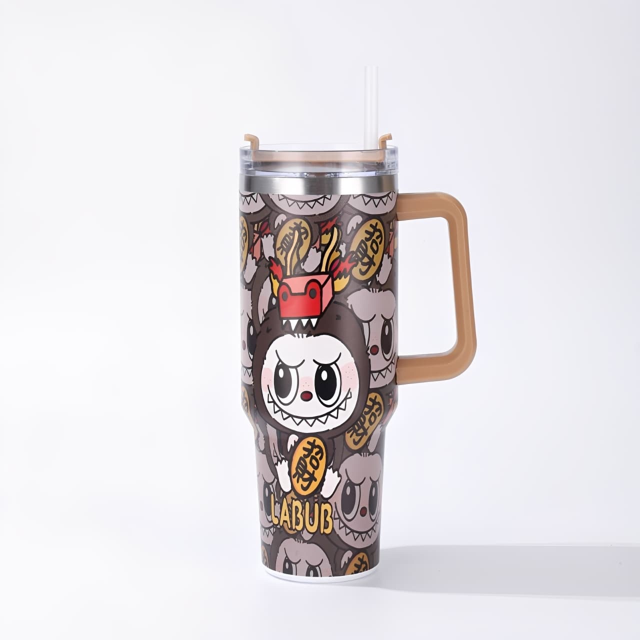 Labubu brown cartoon large capacity handle straw water bottle with gold coin and crown design, insulated stainless steel tumbler for hot and cold drinks, available at Zena Lash Apparel