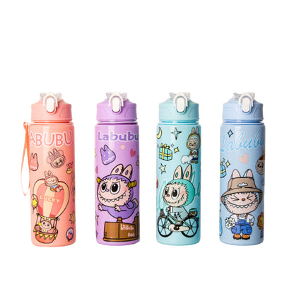 Colorful LABUBU cartoon 750ml water bottle set with cute character designs, leak-proof flip-top lid, and built-in straw for kids and adults.