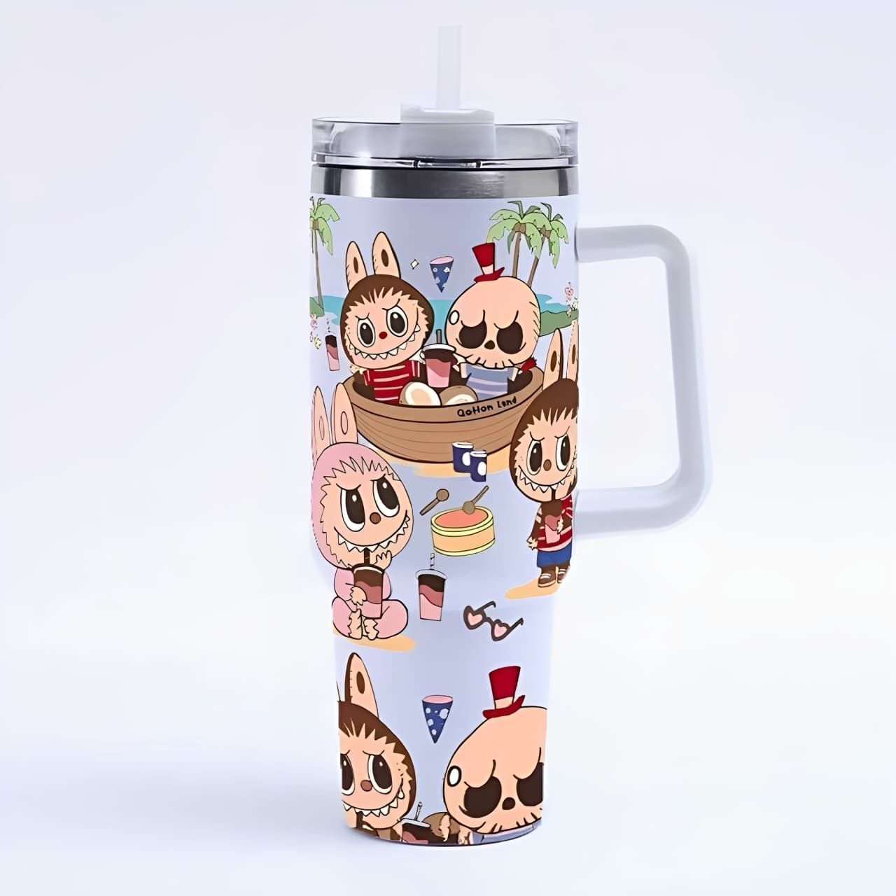 Labubu cartoon boat picnic design large capacity handle straw water bottle, cute animal pattern insulated stainless steel tumbler for hot and cold drinks, Zena Lash Apparel exclusive