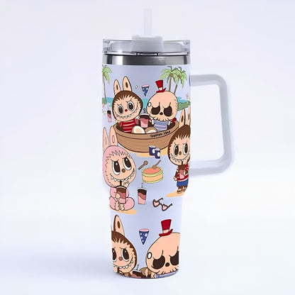 Labubu cartoon boat picnic design large capacity handle straw water bottle, cute animal pattern insulated stainless steel tumbler for hot and cold drinks, Zena Lash Apparel exclusive