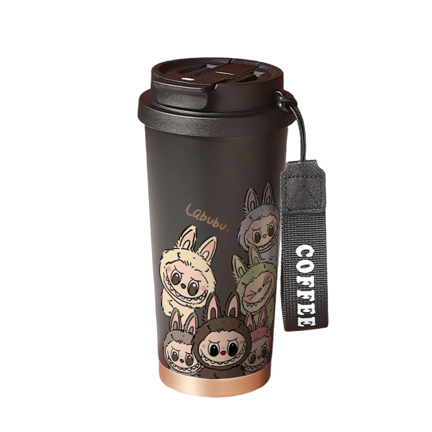 Labubu cartoon coffee tumbler with black lid and cute group design