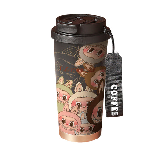 LABUBU cartoon black insulated coffee tumbler, 530ml travel mug with leak-proof lid, stainless steel coffee cup with cute design.