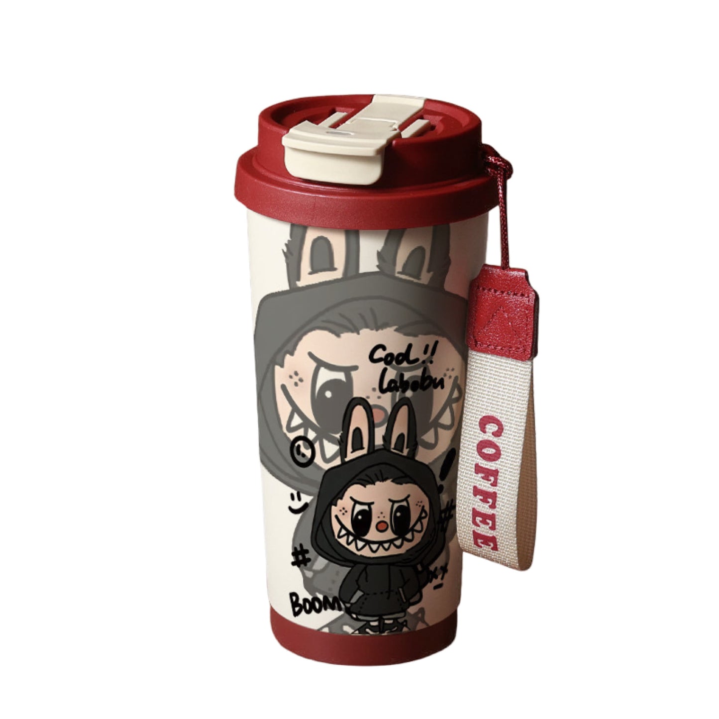 Labubu cool black hoodie design coffee tumbler with red lid