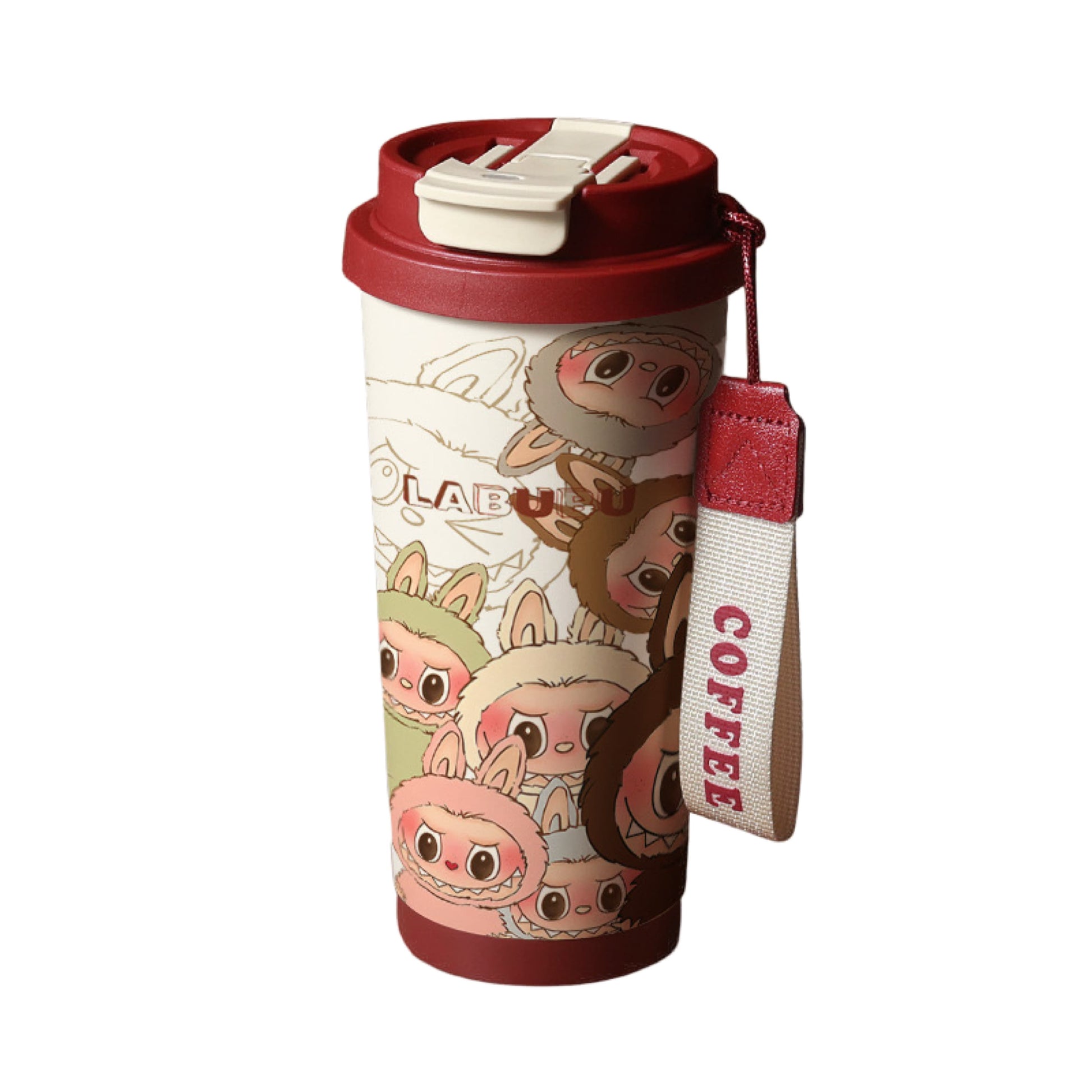 LABUBU cartoon insulated coffee tumbler with red lid, 530ml travel mug, leak-proof stainless steel cup with cute character design.
