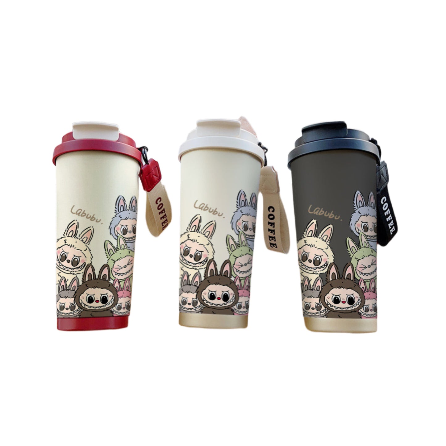 Set of LABUBU cartoon insulated coffee tumblers, 530ml stainless steel travel mugs with leak-proof lids, cute collectible design.