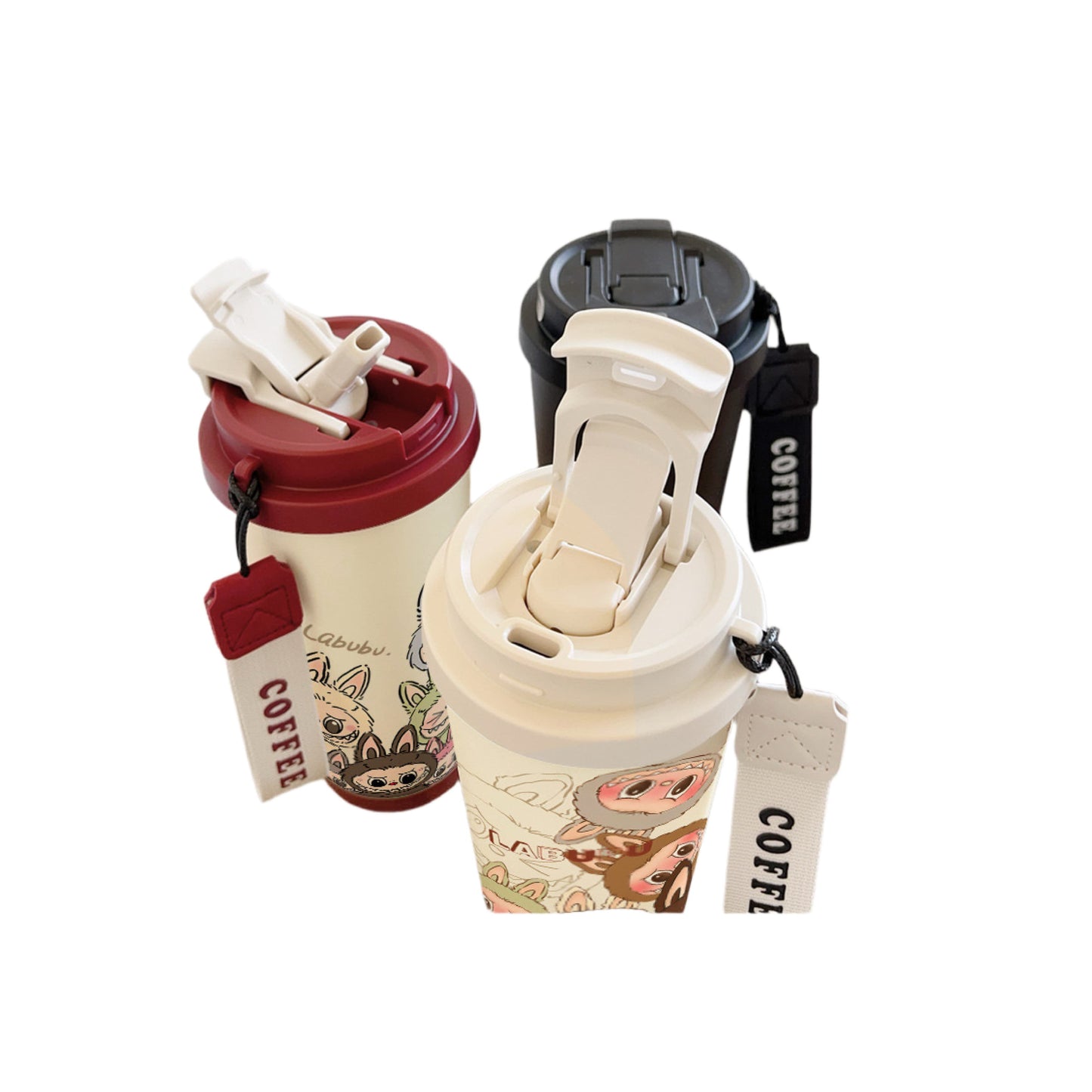 Top view of LABUBU cartoon insulated coffee tumblers, 530ml travel mugs with leak-proof flip lids and colorful designs.