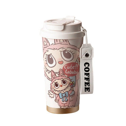 Labubu pink cute design coffee tumbler with white lid and handle strap