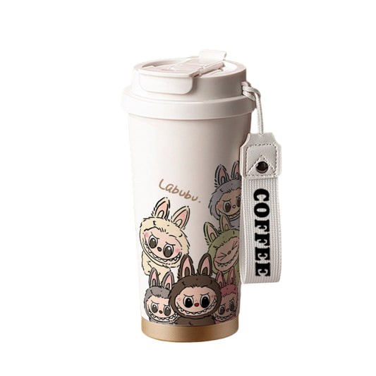 Labubu cartoon coffee tumbler with white lid and cute group design