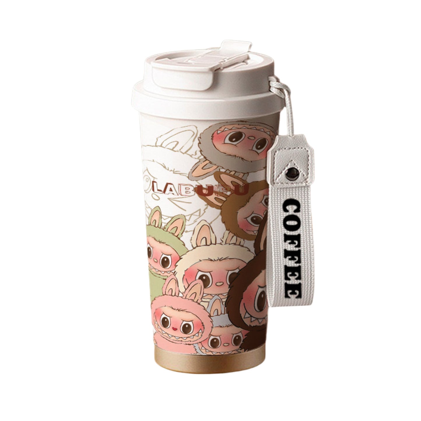 LABUBU cartoon white insulated coffee tumbler, 530ml stainless steel travel mug, leak-proof cup with adorable character print.