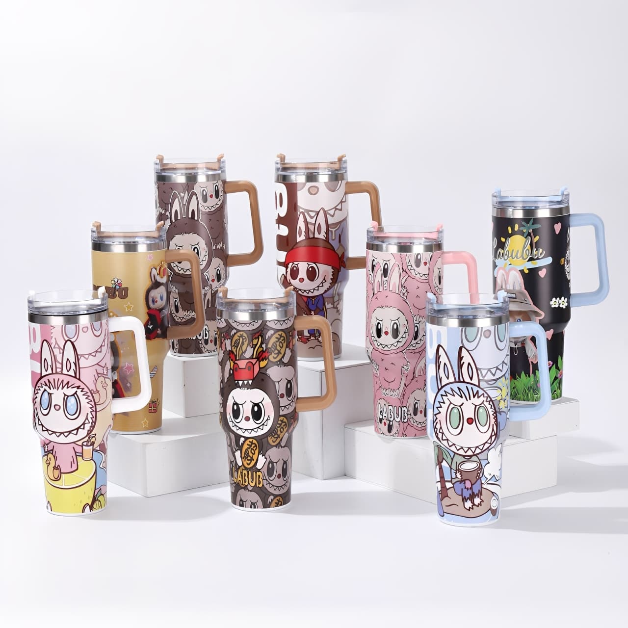 Labubu cartoon large capacity handle straw water bottle collection in multiple designs and colors, insulated stainless steel tumblers for hot and cold drinks, available at Zena Lash Apparel