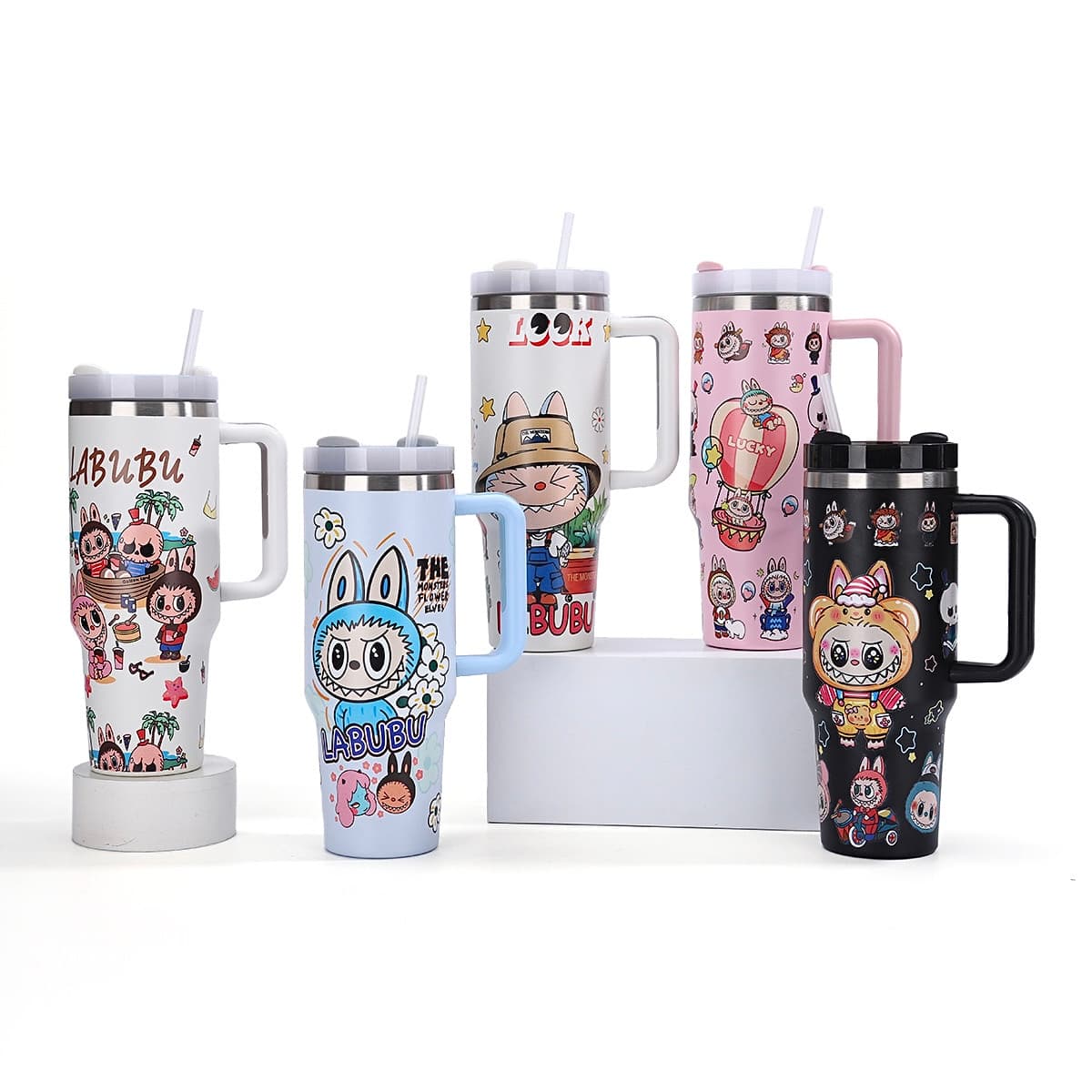 Labubu cartoon large capacity handle straw water bottle collection in multiple colors, insulated for hot and cold drinks, popular at Zena Lash Apparel