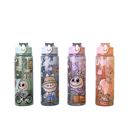 Set of 4 Labubu cartoon plastic water bottles with cute character prints, leak-proof flip lid, and colorful pastel designs, ideal for school, office, and outdoor hydration