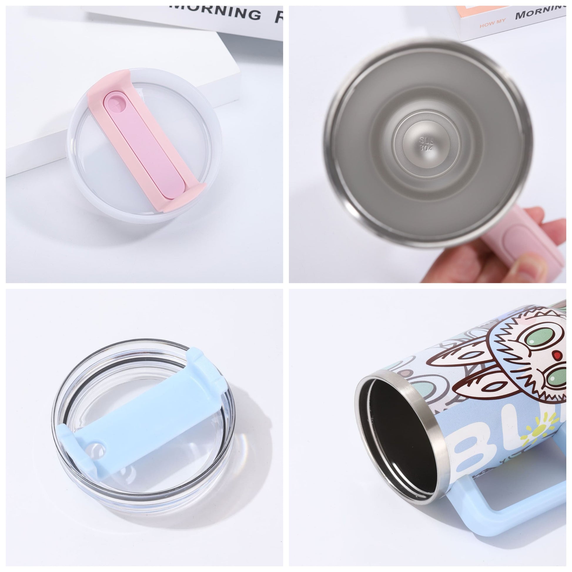 Close-up of LABUBU cartoon stainless steel mug with 304 stainless steel interior, BPA-free flip lid in pink and blue, and leak-proof design for hot and cold drinks.
