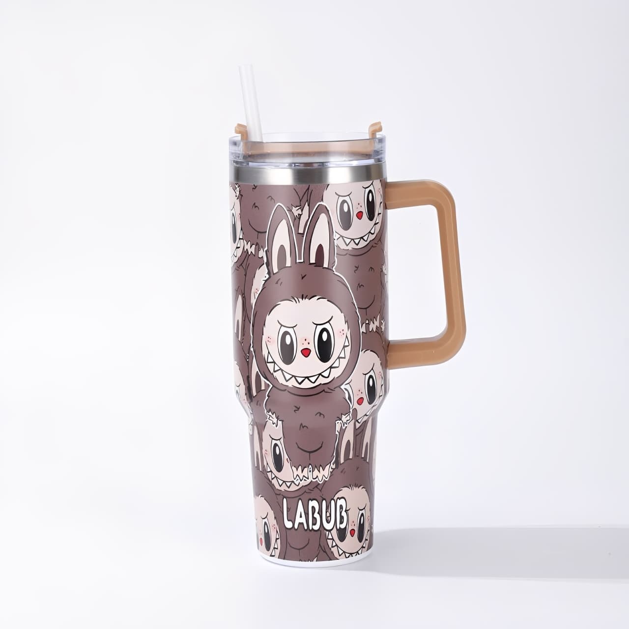 Labubu dark brown cartoon large capacity handle straw water bottle with bunny design, insulated stainless steel tumbler for hot and cold drinks, available at Zena Lash Apparel