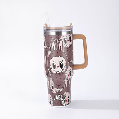 Labubu dark brown cartoon large capacity handle straw water bottle with bunny design, insulated stainless steel tumbler for hot and cold drinks, available at Zena Lash Apparel
