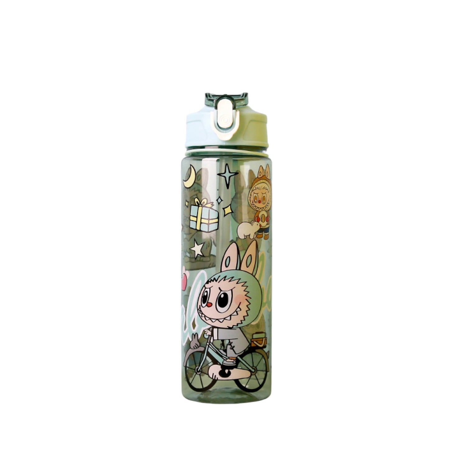 LABUBU green cartoon sport water bottle with cute bicycle design, leak-proof flip lid, 650ml capacity, reusable plastic bottle for kids and adults