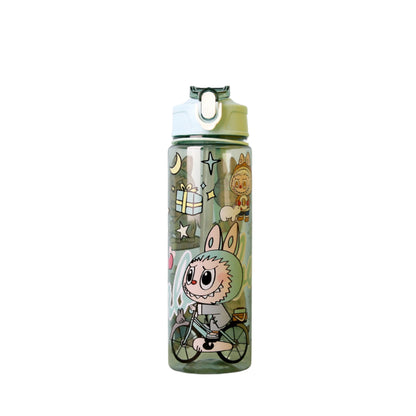 LABUBU green cartoon sport water bottle with cute bicycle design, leak-proof flip lid, 650ml capacity, reusable plastic bottle for kids and adults