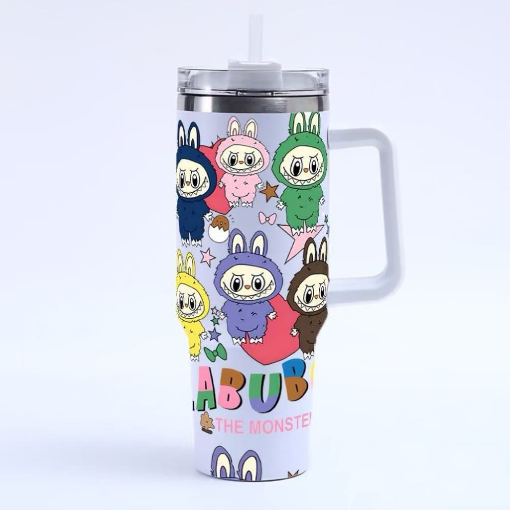 Labubu multicolor cartoon large capacity handle straw water bottle with cute animal costume design, insulated stainless steel tumbler for hot and cold drinks, Zena Lash Apparel exclusive