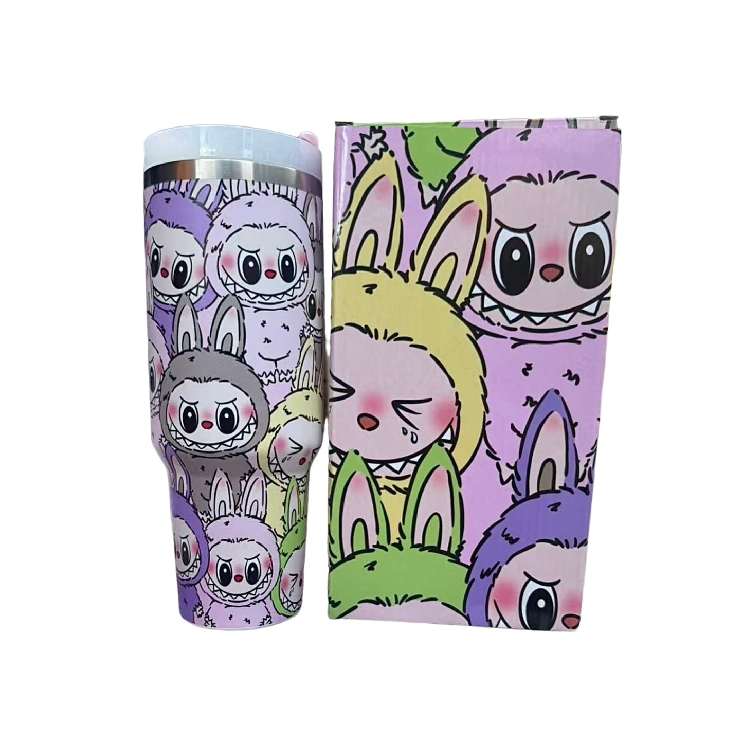 Labubu multicolor cartoon large capacity handle straw water bottle with matching gift box, insulated stainless steel tumbler for hot and cold drinks, available at Zena Lash Apparel