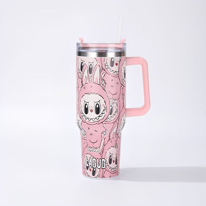 Labubu pink cartoon large capacity handle straw water bottle with bunny design, insulated stainless steel tumbler for hot and cold drinks, available at Zena Lash Apparel
