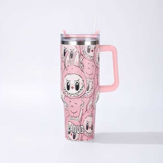 Labubu pink cartoon large capacity handle straw water bottle with bunny design, insulated stainless steel tumbler for hot and cold drinks, available at Zena Lash Apparel