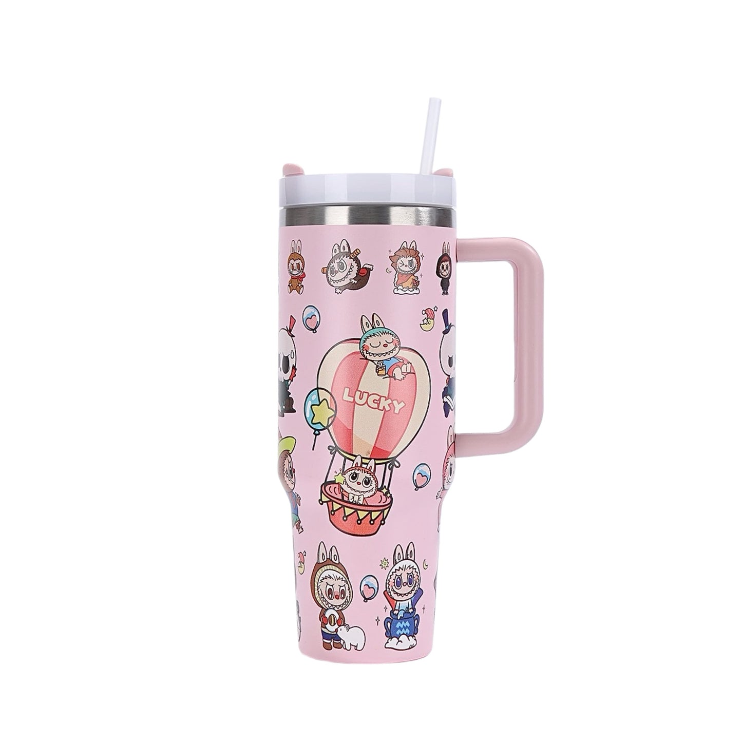 Labubu pink cartoon large capacity handle straw water bottle with Lucky hot air balloon design, insulated for hot and cold drinks, available at Zena Lash Apparel
