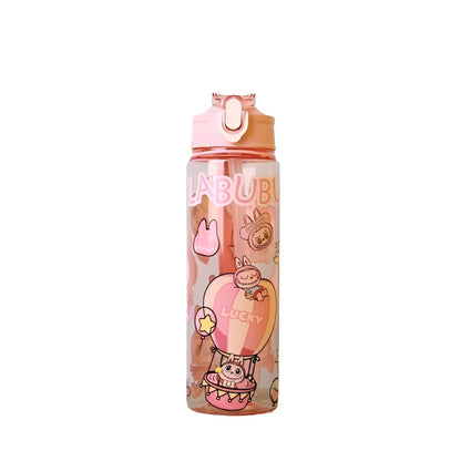 LABUBU pink cartoon sport water bottle with cute hot air balloon and character design, 650ml BPA-free reusable plastic bottle with flip-top lid for kids, school, and outdoor activities