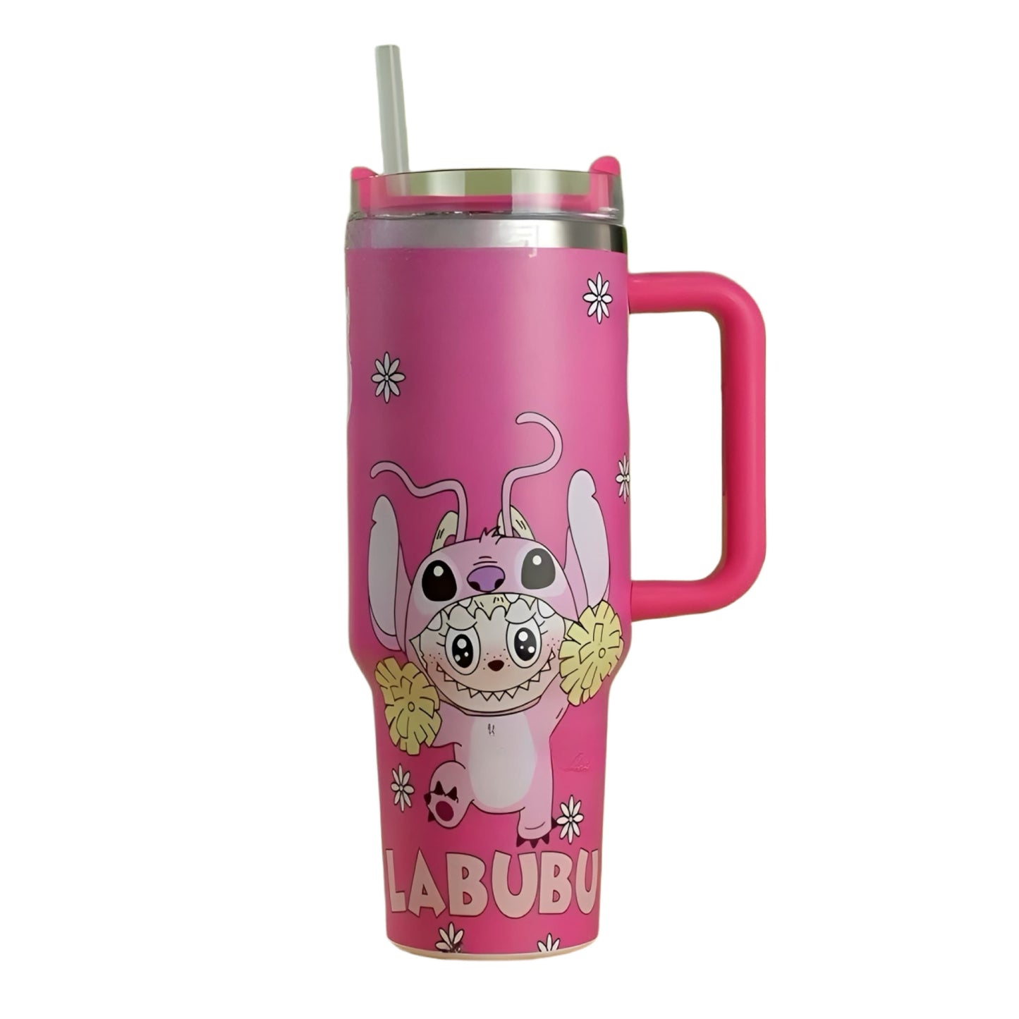 Labubu pink cartoon flower costume stainless steel insulated tumbler with handle and straw, adorable character design large capacity travel mug for hot and cold drinks, perfect kawaii gift for fans and daily hydration