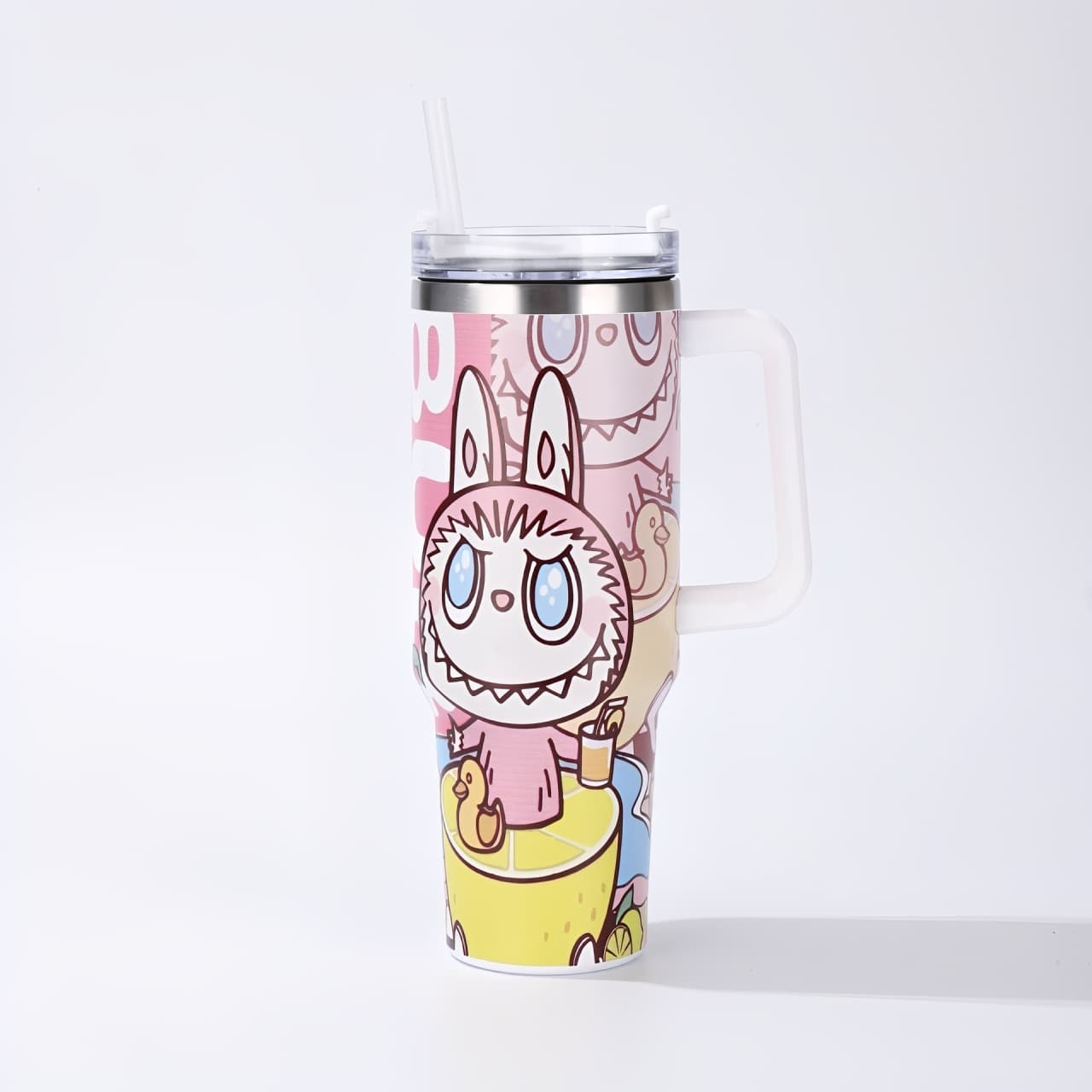 Labubu pink and yellow cartoon large capacity handle straw water bottle with drink theme design, insulated stainless steel tumbler for hot and cold drinks, available at Zena Lash Apparel