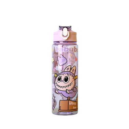 LABUBU purple cartoon sport water bottle with adorable box-riding character design, leak-proof flip-top lid, 650ml BPA-free reusable plastic bottle for school, gym, and outdoor use